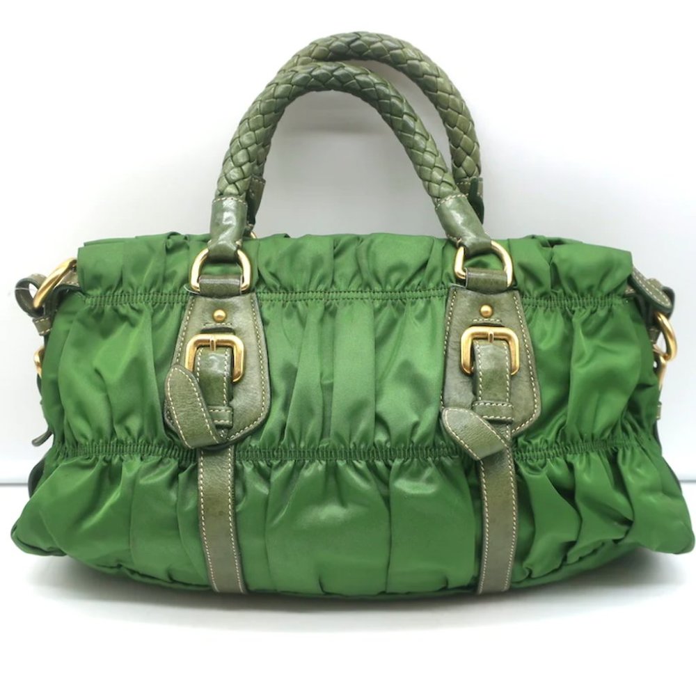 Prada Tessuto Gaufre Braided Handle Satchel Green Nylon Medium Crossbody Bag - Picture 7 of 12